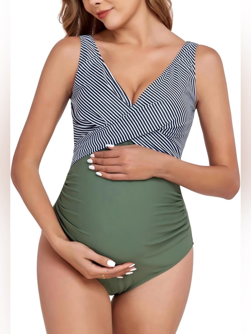 Maternity One-Piece Swimsuit, Olive Green & Stripes, Size Medium